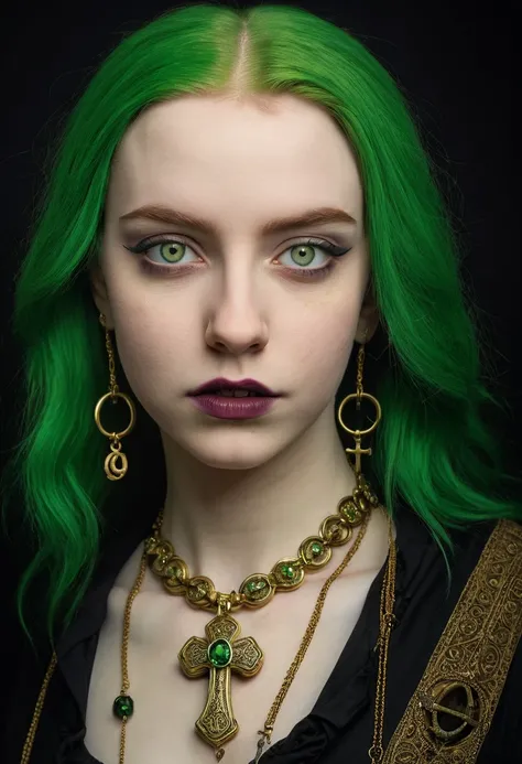 a vibrant professional studio portrait photography of a young, pale, goth, attractive, friendly, casual, delightful, intricate, gorgeous, female, piercing green eyes, wears a gold ankh necklace, femme fatale, nouveau, curated collection, annie leibovitz, n...