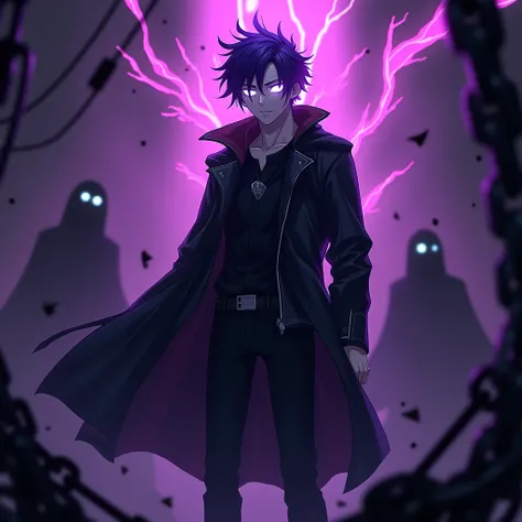 Anime 2D actress MAN in figure standing in front, purple Bright color and black lighting, glowing eyes, blurring background, thunder, white flame eyes, grainy art, creativity, originality, inspiration, black ghost, white eyes, chains random background, eye...