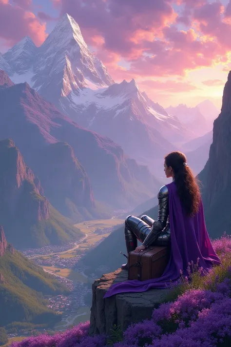  A gentleman woman sitting on a cliff of a mountain ,  With his silver armor , with a purple cape,  in one hand holding her helmet ,  her sword in her sword tied with a rope ,  and she has her luggage close to her ,  looking from above at a valley full of ...