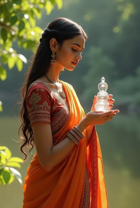 Indian girl in saree with glass figure