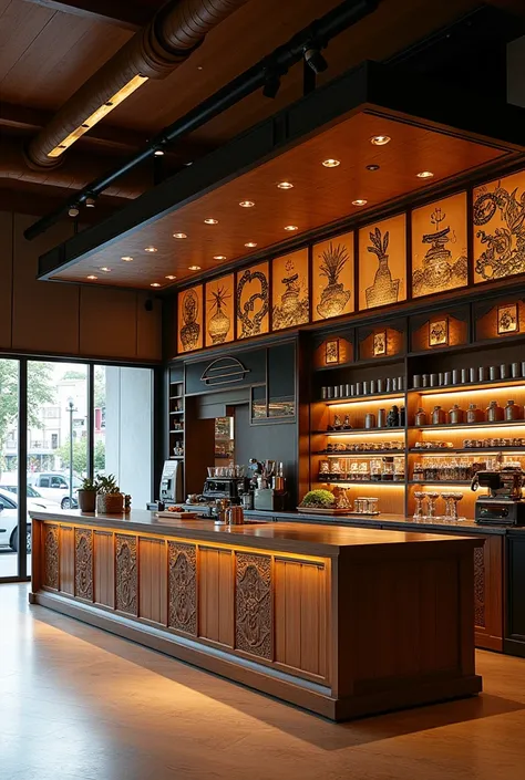 A ,  coffee bar with an oriental concept with Japanese panels ,  made of wood with metal structure and bamboo, that serves to put the espresso machine on one side ,  internally with oriental patterns carved on the bar , storage space and space for displayi...