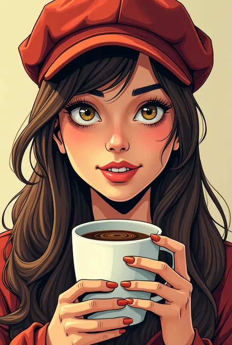  A female person with a parul zburlit in cap holding a large cup of coffee, comic book image 