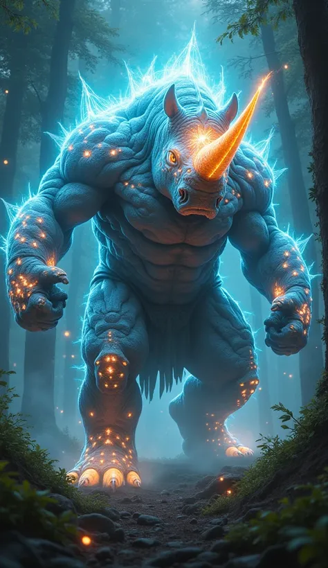 "The hybrid is an unstoppable juggernaut with the muscular body of a rhinoceros covered in glowing, bioluminescent patches. Its horn emits a fiery light, and its body pulses with bursts of blinding energy. It charges through forests with destructive force,...