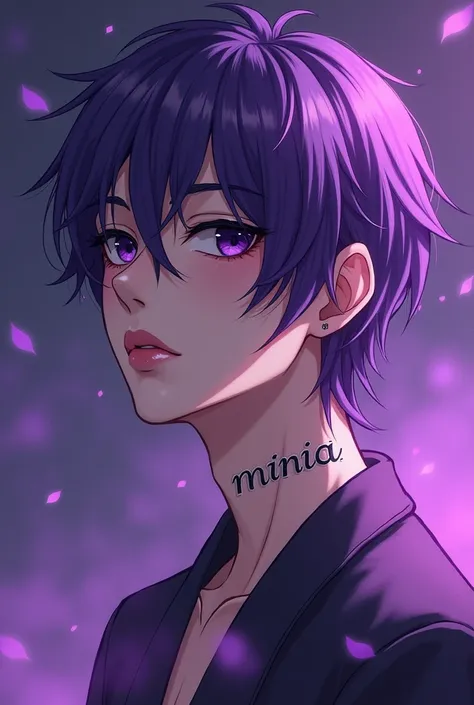 a handsome manhwa man with a 
with a tattoo that says "minia" on his neck and white skin and black eyes with a pointed nose and purple hair and beautiful lips, the background is full of misty purple and purple aura.