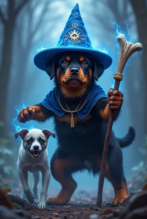 Rottweiler puppy, blue wizard hat, majiv bone staff, summoning bone dog, angry rottweiler puppy 