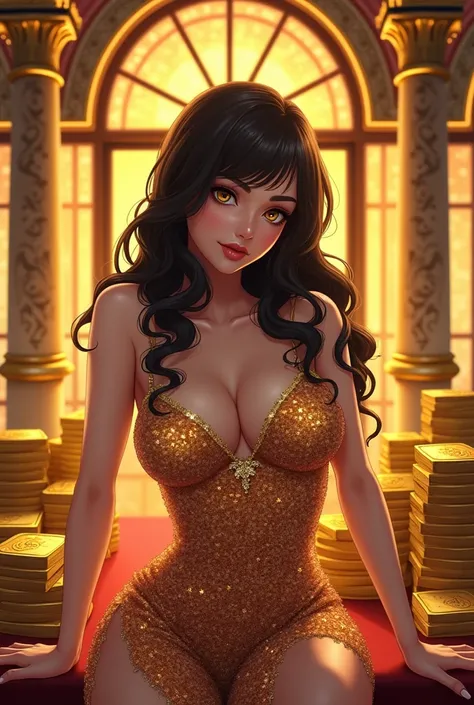 create a rectangular 1:1 photo of a half body casino girl standing in front of cash, gold and casino, anime style, golden casino building background