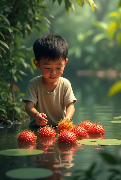 A  s A1 boy is picking Rambutans from a pond