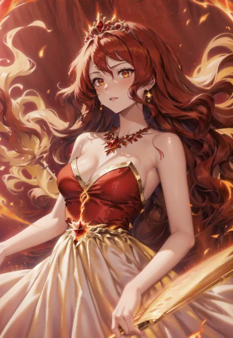 masterpiece, best quality, highres, absurdres, 4k resolution, official art, source_anime, expressive eyes, 19 years old, scarlet hair, long hair, wavy hair, flowy hair, tiara, gold eyes, simper, strapless red dress, gold jewellery, bare shoulders, bare arm...