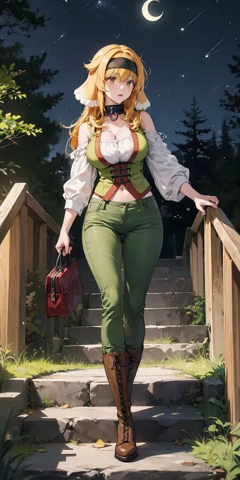 masterpiece, best quality, roxanne, dog ears, black hairband, collar, off-shoulder shirt, cleavage, green vest, green pants, large breasts, walking, stairs, forest, night sky, boots