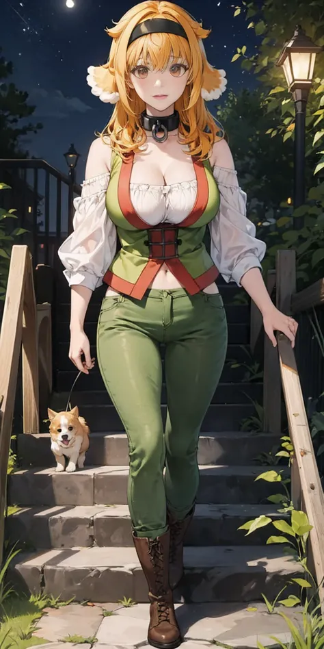 masterpiece, best quality, roxanne, dog ears, black hairband, collar, off-shoulder shirt, cleavage, green vest, green pants, large breasts, walking, stairs, forest, night sky, boots