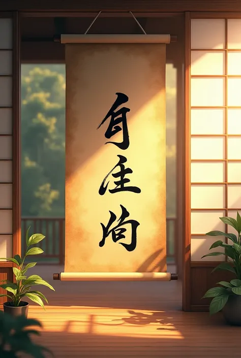 A serene traditional Japanese setting, with an ancient scroll displaying the kanji 和多志 (Watashi) written in elegant calligraphy. soft, golden sunlight filters through a shoji screen, evoking a sense of harmony and tradition."