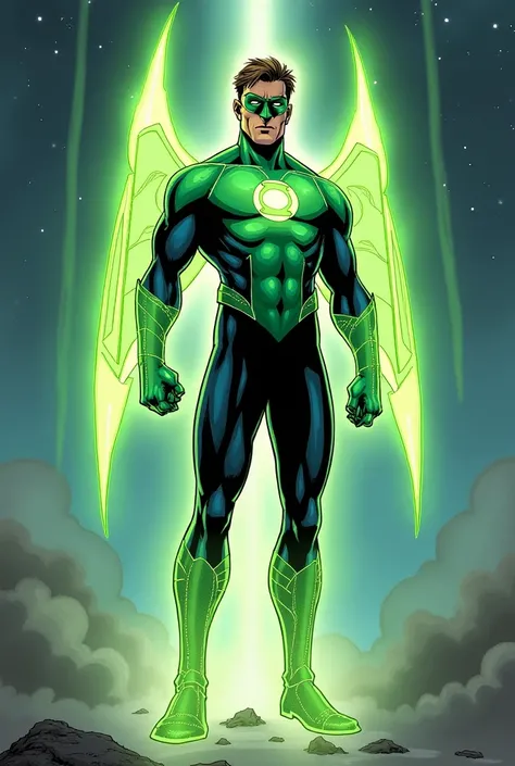 The new hero, "Green Beetle," merges Green Lantern and Blue Beetle abilities, sporting a suit that glows with green energy and blue armor. He stands in the cosmic setting, ready to unleash a barrage of energy blasts while hovering mid-air.