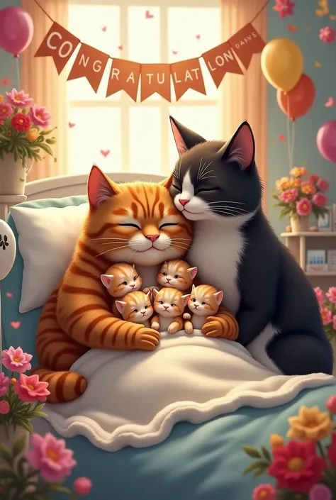 A big, anthropomorphic tabby cat sits on a hospital bed, holding four tiny kittens wrapped in soft blankets. A taller tuxedo cat kisses her forehead with happy tears. The room has balloons, flowers, and a Congratulations banner."