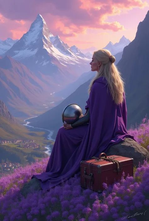  A female traveler from medieval times , sitting on a mountain ridge , with a purple cape,  in one hand holding her silver armor helmet,  her sword in her sword tied with a rope ,  and she has her luggage close to her ,  looking from above at a valley full...