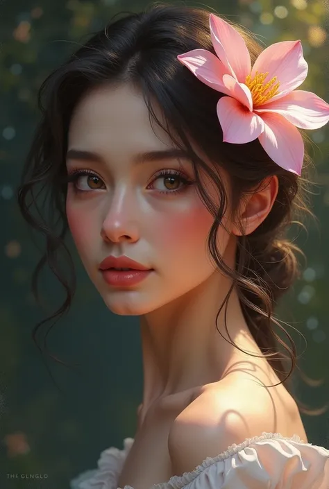 painting of a woman with a flower in her hair, digital art by Marie Angel, trending on cg society, digital art, beautiful digital art, detailed feminine face, beautiful gorgeous digital art, detailed beautiful face, gorgeous digital art, exquisite digital ...