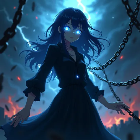 Anime 2D actress WOMAN in figure standing in front, blue Strong color and black lighting, glowing eyes, blurring background, thunder, white flame eyes, grainy art, creativity, originality, inspiration, black ghost, white eyes, chains random background, eye...