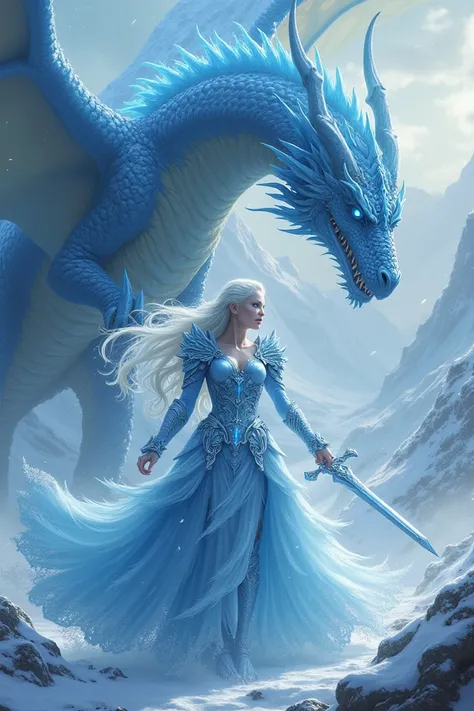 Ice goddess in dress armor killing fire dragon