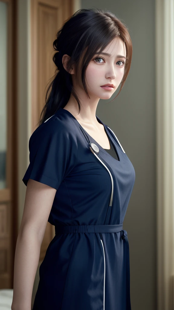 8k, Best quality, masterpiece:1.2), ( realistic ,  photorealistic :1.37), Best quality, masterpiece,  beautiful young woman, Melancholic expression,  thoughtful expression, Nurse outfit,  hair tied at the back , Messy mood,  cinematic background, tired, Li...