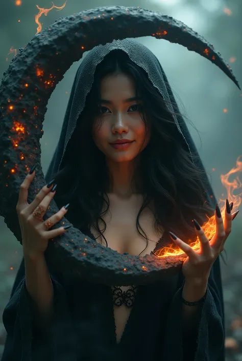  Poto ultra high-definition displays a 100K CG module with complex textures .  A beautiful Indonesian woman with a smiling expression holds a black crescent decorated with a Japanese death symbol.  Dark fire and sinister wind radiating from a crescent , sh...