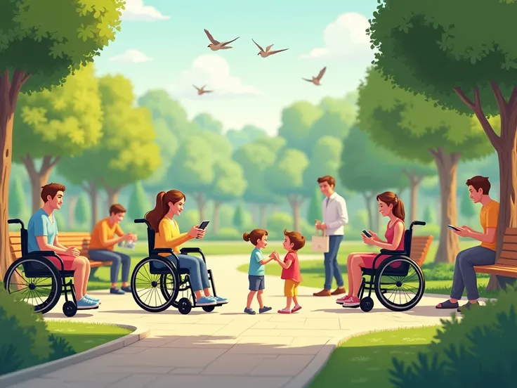 people with disabilities, ren playing with mothers, people sitting in well designed park with trees, benches, ramp, birds, toilet