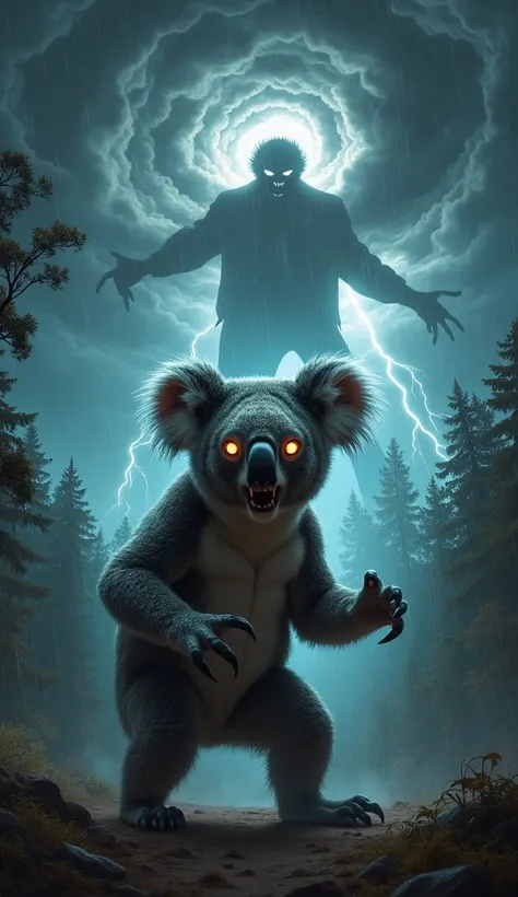 Create an image where an enraged koala with sharp claws and glowing eyes stands firm, its fur bristling as it faces off against a powerful storm personified. The storm swirls with dark clouds, bolts of lightning crackling, and a human-like silhouette emerg...