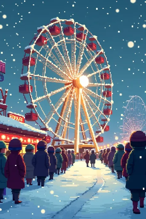 the painting shows a queue for a Ferris wheel. Its snowing heavily there. the ferris wheel is lit. the image is pixel art
