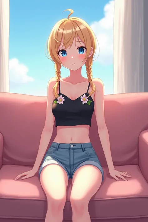 Background living room anime sofa pink adult blonde sky blue eyes long hair with two long pigtails tied to two tall pigtails with a face identical to Serena Tsukino character from the anime Sailor Moon dressed in short shorts and black cropped top thin sho...