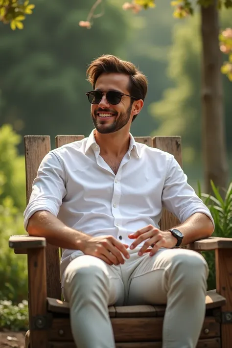 A young man sitting on a rustic wooden chair in a serene outdoor setting. He wears a white shirt, stylish sunglasses, and a confident smile while holding an object delicately in his hand. The background features soft greenery and a relaxed ambiance, emphas...