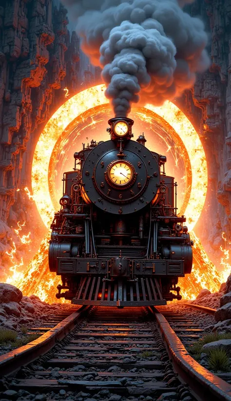 a steam train coming out of a portal. the train has a clock on its front. the portal it comes out from is magical and glows brightly.