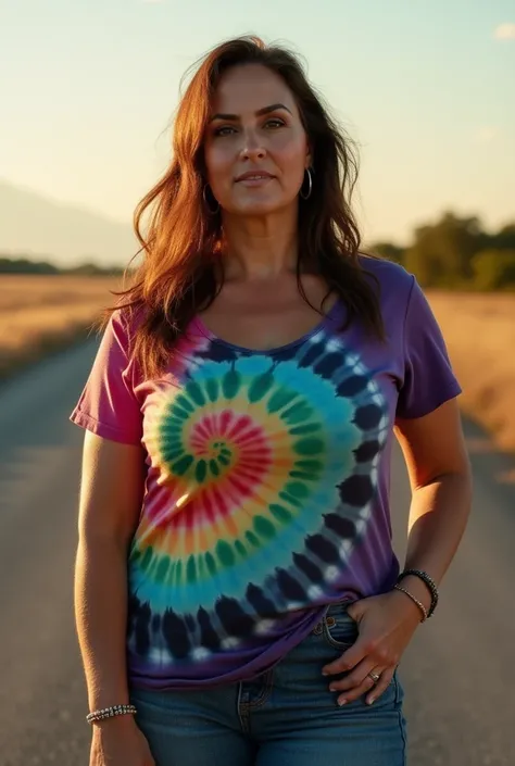 
Milf, a 40 year old female, large breast,Rock style woman, Linkin Park band tie-dye t-shirt, road