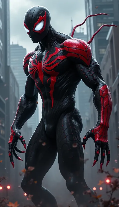 "Create a hybrid character inspired by the themes of a nimble superhero and a monstrous symbiote. This character should have features like a sleek yet muscular body with intricate web-like patterns, glossy black and deep red tones blending seamlessly, shar...