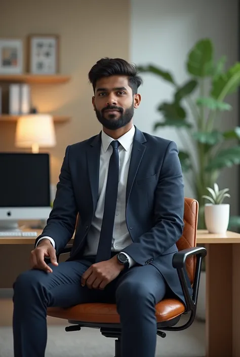 Heair Kreil is a young srilankan man in the managers chair in an office room