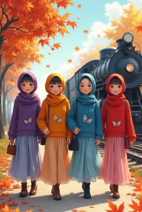 4 Korean women wearing very beautiful hijabs with round faces, big eyes and charming soft make-up, wearing purple, blue and red crochet knit sweaters, wearing long chiffon skirts with butterfly motifs, boots, they walk confidently and happily joke around h...