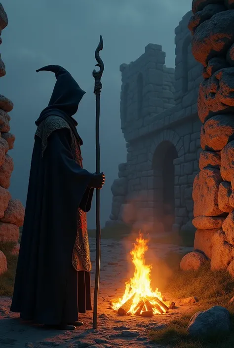 In YouTube format. Realistic scene: It is nightime camera wideview overhead of a wizard dressed in a dark robe wearinng a freemason apron on his waist, holding a staff in his right hand. He IS standing Next to a bonfire atop a Celtic Ancient ruins