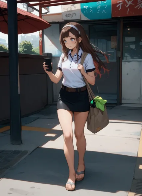 pretty woman, smiling, walking to  bus station, holding a smartphone, (+long hair, half up half down, hairband, black hair, brown ombre, 2 colored hair), black-gray short sleeves polo shirt, dark denim pencil mini skirt with brown belt, sandals, bag, BREAK...