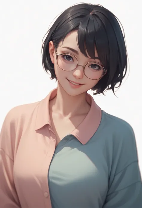 masterpiece,high quality,upper body,standing, 1 woman, black hair, short hair, black eyes,wearing glasses, front view, from the front, looking at viewer, no background, white background, shy smile,
