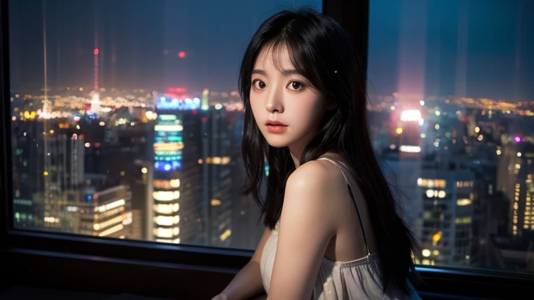 one girl, korean beauty face, clear skin, big eyes, black hair,　upper body, sits by a large window, figure softly backlit by the shimmering city lights, room is calm, her expression is serene yet powerful, symbolizing awakening and self-awareness