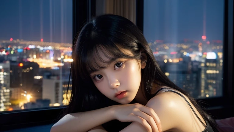 one girl, korean beauty face, clear skin, big eyes, black hair,　upper body, sits by a large window, figure softly backlit by the shimmering city lights, room is calm, her expression is serene yet powerful, symbolizing awakening and self-awareness