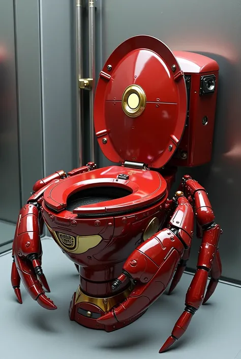 Generate me a toilet of crab model with Ironman costume wraped the crab design toilet