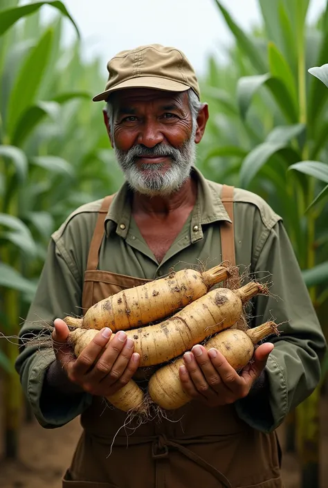 Draw a picture with cassava being held by a cassava farmer.