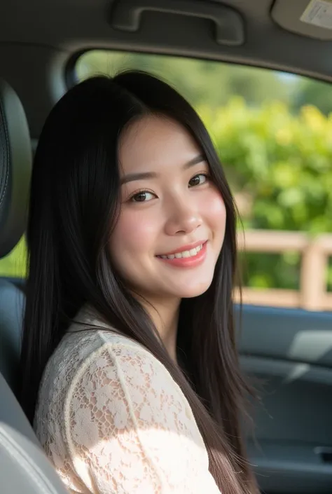 A close-up photograph of a young Asian woman with fair skin and long, straight black hair driving a car. She is wearing a cream-colored lace top. Her facial expression is one of happiness and confidence; her eyes are bright, her lips are a soft pink, and s...