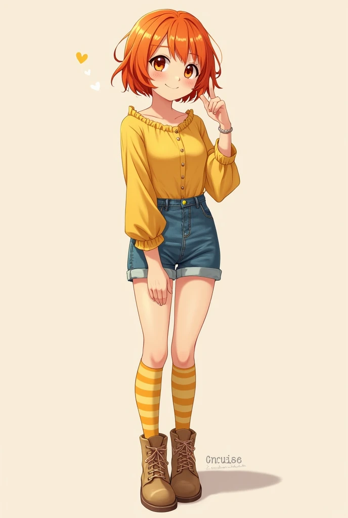  Dubija a beautiful girl with short orange hair,  definition ,  smiling and with denim shorts , a yellow blouse ,  small boots ,  and yellow tights with stripes  