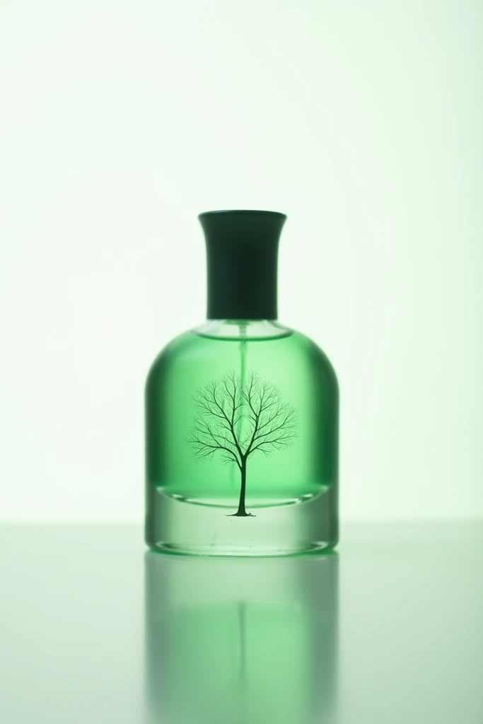 Small bottle of green perfume with a quilaria tree embossed on a white background 