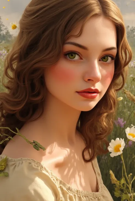  , a girl with long chestnut hair with a golden curl, full lips and green eyes