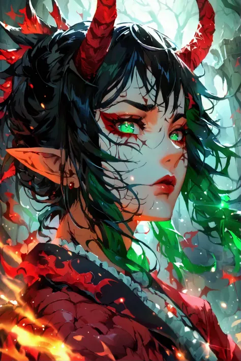  black hair ，Light green eyes，long hair, Demon King， anime style ,  Devils Corner , Beauty mark, 
