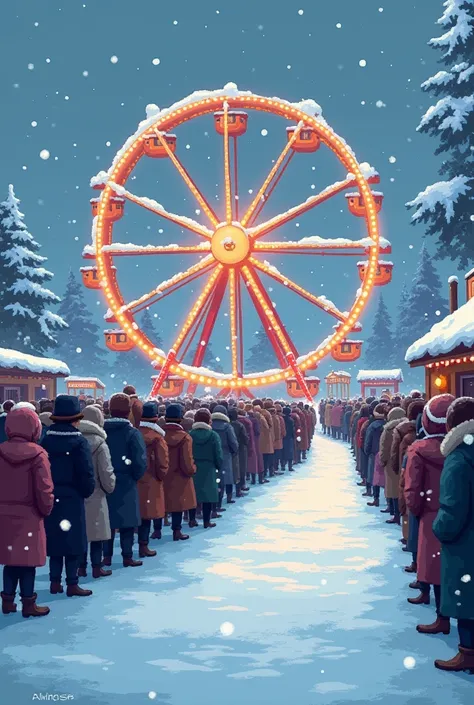 the painting shows a queue for a Ferris wheel. Its snowing heavily there. the ferris wheel is lit. The picture is a PIXEL ART


