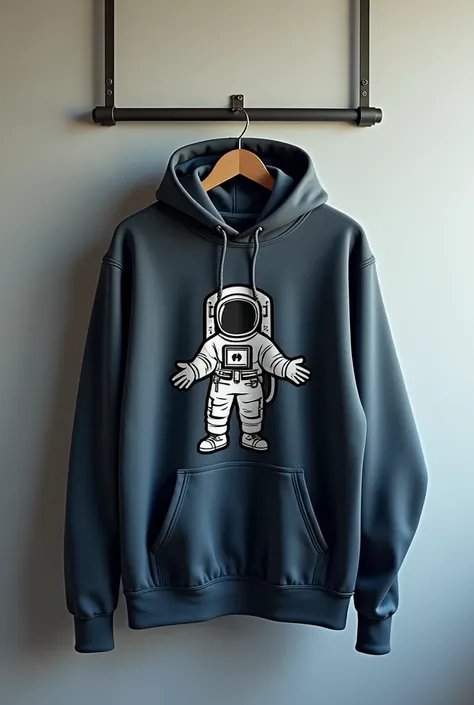 Hoodie with an astronaut logo on a hanger 