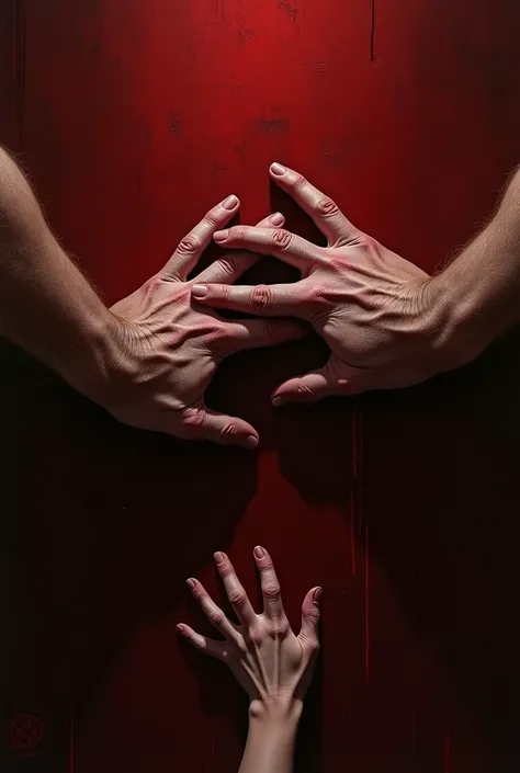 A pic of huge veiny hands pinning a pair of small hand to a wall in the dark in red room