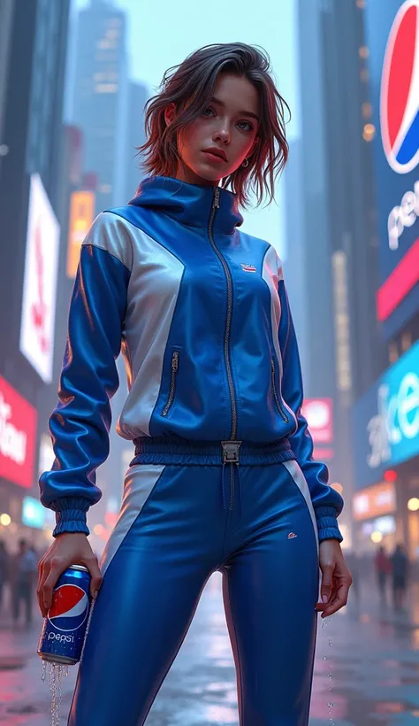 "A dynamic, athletic individual in a metallic blue-and-white tracksuit stands in a modern cityscape. They hold a Pepsi can in one hand, condensation dripping onto their fingers. The reflective material of their suit catches the light from a glowing Pepsi b...