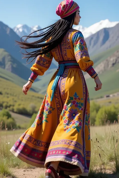 The full-length 8k photo features an ethnic Uzbek woman in her 30s with long black braids that fall loosely over her shoulders, creating a sense of lightness and grace. She is dressed in colorful traditional Uzbek clothing and a skullcap decorated with int...